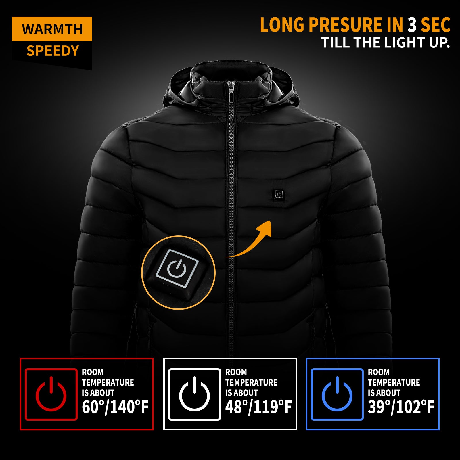 Heated Puffer Jacket Unisex Lightweight and Hooded